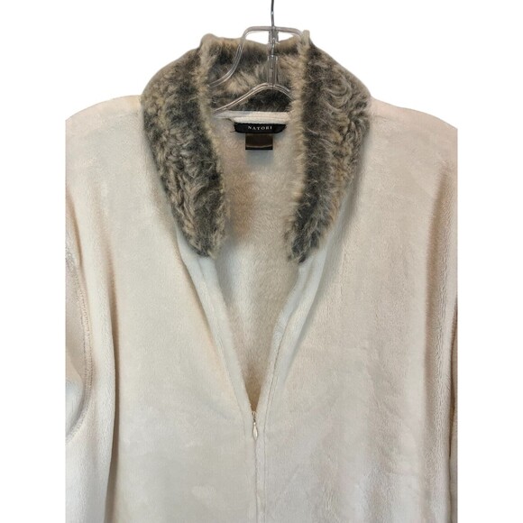 Natori Women's Faux Fur Trimmed Cozy Plush Kaftan Long Rob Size L Ivory Luxury - Picture 3 of 8